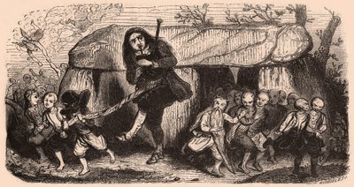 Ilustración de una leyenda según las tradiciones bretonas: el gaitero Lao y duendes bailando frente a un dolmen de Unknown