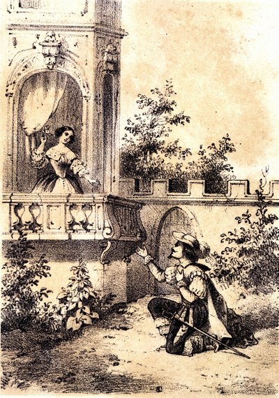 Ilustración de la canción “El Rey hizo sonar el tambor”: un hombre declarando su amor a una mujer en su ventana de Unknown artist