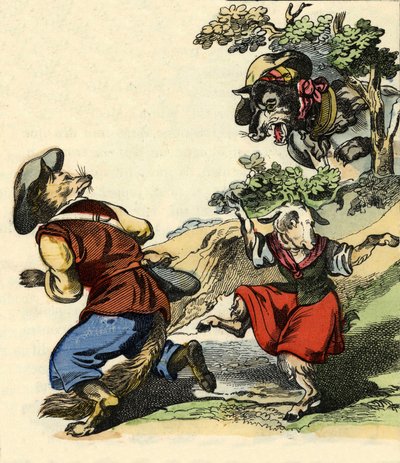 Ilustración del cuento “Bon Médor y la Pequeña Cabra”. En “Cuentos del hogar para los pequeños”. Grabado anónimo del siglo XIX. de Unknown artist
