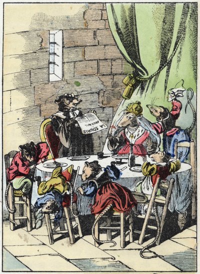 Ilustración del cuento “El terrible Raminagrobis y los ratones” personaje de fábulas de Jean de la Fontaine. En “Cuentos del hogar para los pequeños”. Grabado anónimo del siglo XIX. de Unknown artist