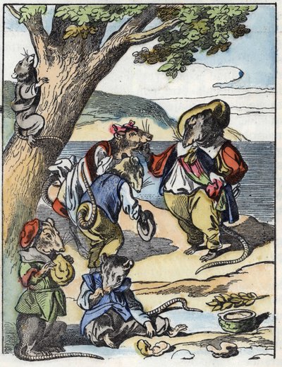 Ilustración del cuento “El terrible Raminagrobis y los ratones” personaje de fábulas de Jean de la Fontaine. En “Cuentos del hogar para los pequeños”. Grabado anónimo del siglo XIX. de Unknown artist