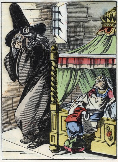 Ilustración del cuento "El terrible Raminagrobis y los ratones". Personaje de las fábulas de Jean de la Fontaine. En "Cuentos del hogar para los pequeños". Grabado anónimo del siglo XIX de Unknown artist