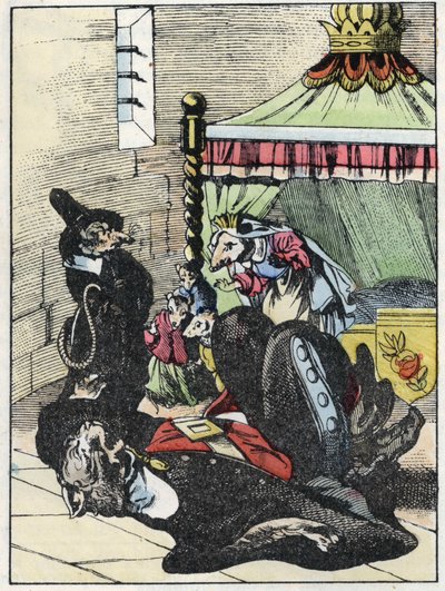 Ilustración del cuento “El terrible Raminagrobis y los ratones” personaje de fábulas de Jean de la Fontaine. En “Cuentos del hogar para los pequeños”. Grabado anónimo del siglo XIX de Unknown artist