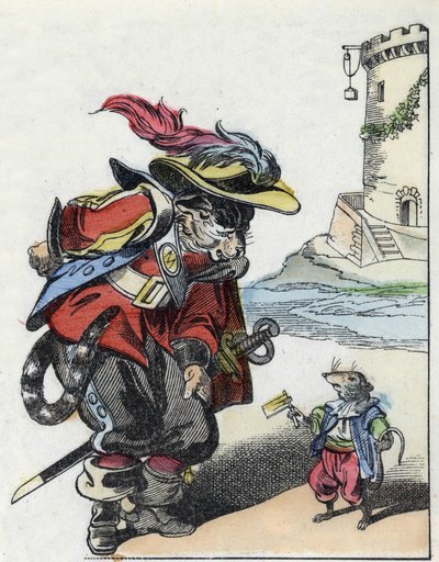 Ilustración del cuento “El terrible Raminagrobis y los ratones” personaje de fábulas de Jean de la Fontaine. En “Cuentos del hogar para los pequeños”. Grabado anónimo del siglo XIX de Unknown artist