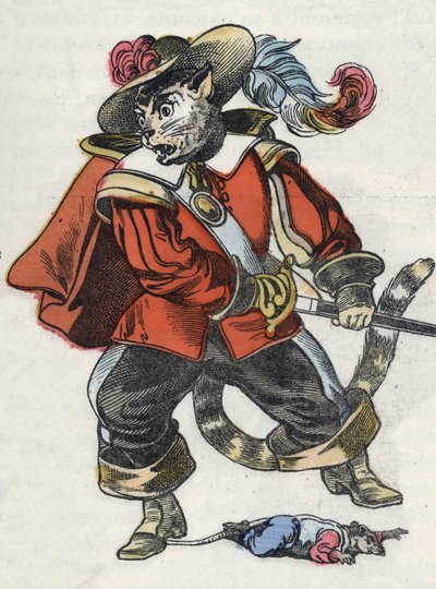 Ilustración del cuento “El terrible Raminagrobis y los ratones” personaje de fábulas de Jean de la Fontaine. En “Cuentos del hogar para los pequeños”. Grabado anónimo del siglo XIX de Unknown artist