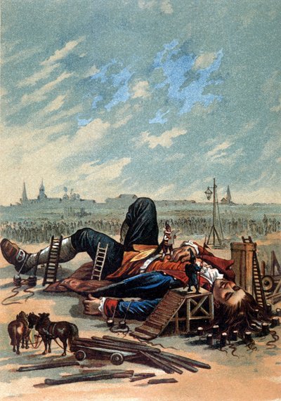 Ilustración mostrando a los liliputienses atando a Gulliver. Cromolitografía, finales del siglo XIX de Unknown artist