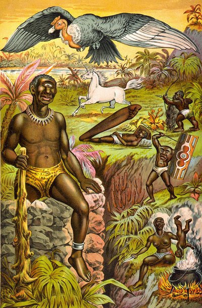 Ilustración con monstruos imaginarios de África titulada Supersticiones africanas ilustradas (ciclopio, unicornio...), circa 1889 de Unknown artist