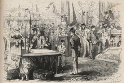 Príncipe imperial Eugenio Luis José (1856-1879) en la fiesta de Fontainebleau. Intenta derribar una marioneta con la ayuda de una bola colgante. Grabado en “L
