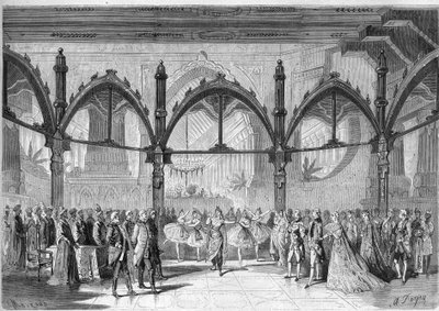 Teatro Imperial de la Ópera Cómica: Escena IV, Acto II de la ópera "El Primer Día de la Felicidad" de Daniel Francois Esprit Auber (1782-1871). Grabado en "El Universo Ilustre" de Unknown artist