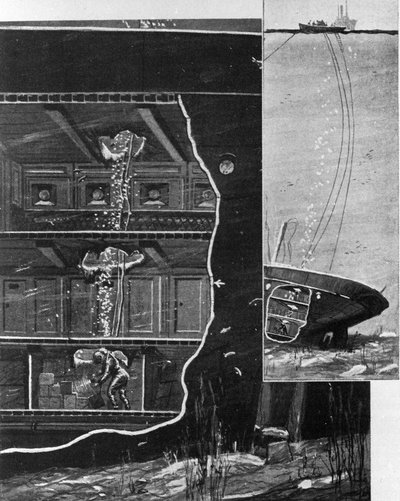 En 1885, el buzo Alexander Lambert alcanzó la cámara del tesoro del naufragio del “Alfonso XII” en las profundidades de las Islas Canarias. Ilustración de la época de Unknown artist
