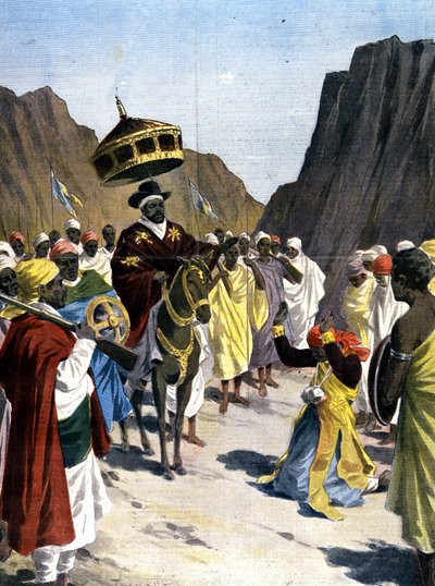 En Borumieda, el Ras Mangacha, gobernador de la provincia de Tigrai (Tigray) en Abisinia, hace un acto de sumisión al Negus Menelik II (1844 - 1913) con la piedra alrededor de su cuello. 1899. Ilustración de Silhouette para la prensa de Unknown artist