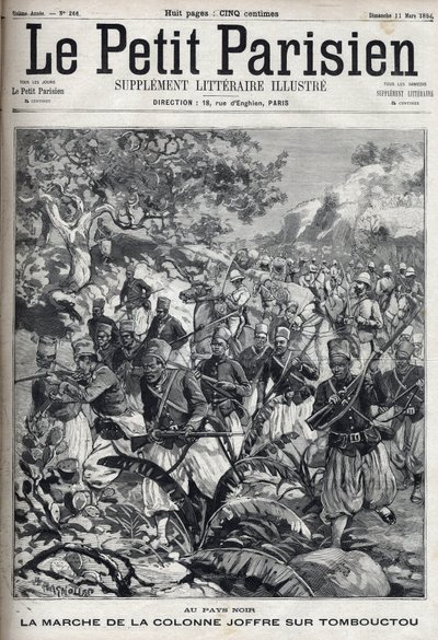 En las colonias francesas: la marcha de la columna del General Joseph Joffre (1852-1931) y su ejército de spahis hacia Tombuctú (Mali). Grabado en “Le Parisien” de Unknown artist
