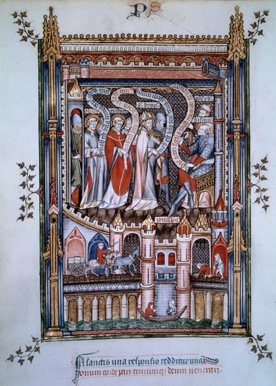 En el centro de Saint Denis, frente al gobernador Fescennius, encargado por el emperador Diocleciano de ejecutar a San Denis, un cristiano que vino a evangelizar París, acompañado por Eleuthere, el sacerdote, y Rustique, el diácono, también mártires entre  de Unknown artist