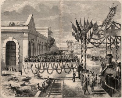 Inauguración del ferrocarril de Toulouse a Sète en 1857. Grabado en “Le Monde illustré” de 1857. Colección privada. de Unknown artist