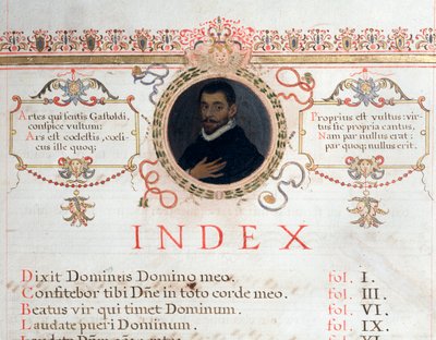 Página de índice con retrato de Giovanni Giacomo Gastoldi de Unknown artist