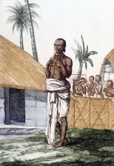 Cultura y civilización india: músico tocando la flauta bansuri, instrumento musical tradicional, India. Grabado 1808. de Unknown artist