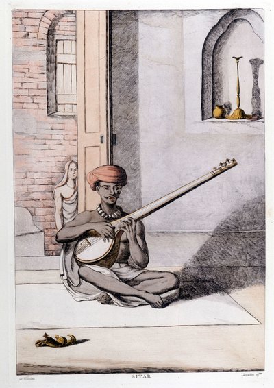 Cultura y civilización india: músico tocando el sitar, instrumento musical tradicional, India. Grabado de 1808 de Unknown artist