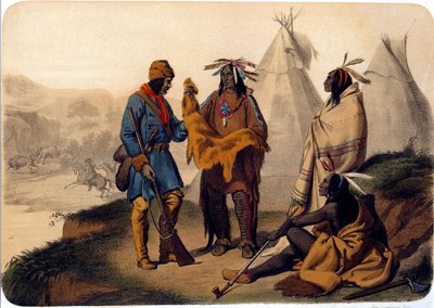 Indios de América: un trampero intercambiando con pieles rojas de Unknown artist