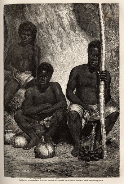 Comerciante de frutas indígenas, en el mercado de Noumea (Nueva Caledonia). Grabado para ilustrar el viaje a Nueva Caledonia de 1863 a 1866, por Jules Garnier, ingeniero civil de minas, en 