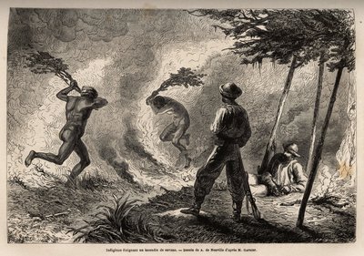 Indígenas kanaks encendieron un fuego en la sabana, que ellos mismos encendieron para cazar mosquitos, ante los ojos del narrador y su compañero de viaje. Grabado para ilustrar el viaje a Nueva Caledonia de 1863 a 1866, por Jules Garnier, ingeniero civil d de Unknown artist