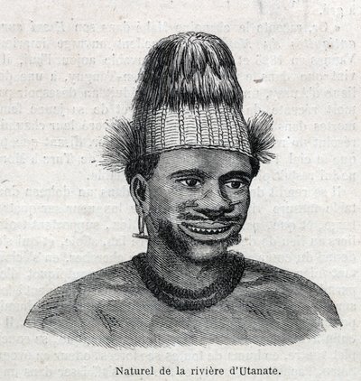 Pueblos indígenas de Nueva Guinea: nativo del río Utamate. Grabado en "El Universo Ilustre" de Unknown artist