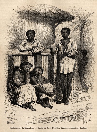 Indígenas del Magdalena (ríos), en las calles de la ciudad de Mompox (Colombia). Grabado para ilustrar el viaje a Nueva Granada, por el Dr. Saffray, en 1869, publicado en 