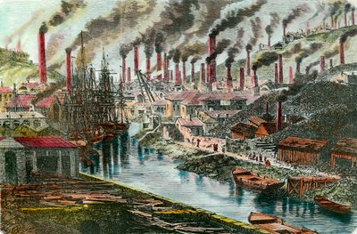 Revolución Industrial: Vista de la fábrica de cobre del Sr. Vivian en Swansea, Gales. Grabado del siglo XIX. Colección privada de Unknown artist
