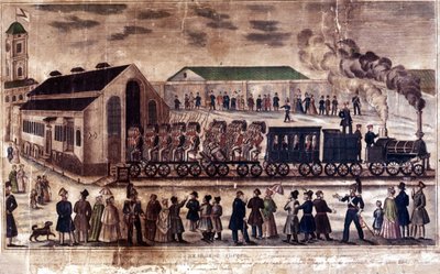 Revolución industrial: inauguración de la línea ferroviaria Moscú, San Petersburgo, 7/05/1847. Grabado del siglo XIX de Unknown artist