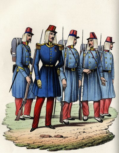 Infantería del ejército francés de África; oficial, suboficial y soldados en Argelia en 1830. En “Storia d