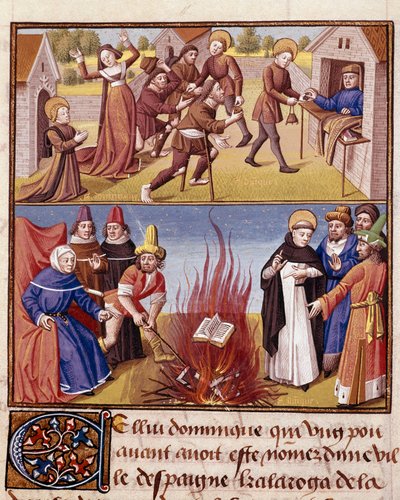 Inquisición: Autodafé presidido por Santo Domingo de Guzmán (1170-1221), fundador de la Orden Dominicana, prueba del fuego del libro herético y el libro ortodoxo. Miniatura en 