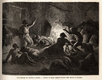 Dentro de una posada de caribú (Canadá), a medianoche, tramperos y mineros ebrios cantan, luego caen al suelo o se duermen en una manta. Grabado para ilustrar el viaje del Atlántico al Pacífico (ruta del noroeste por tierra), en 1862-1864 por de Unknown artist