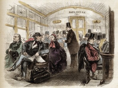 Interior de un vagón en el ferrocarril de Baltimore y Ohio, EE.UU. - 1861 - interior de un vagón americano en 1860 de Unknown artist