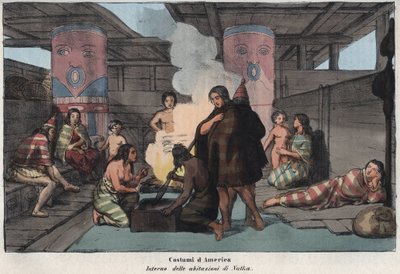 Interior de una gran casa comunal en Nootka Sound, con aldeanos fumando y secando pescado, durmiendo y cuidando a los niños - (Isla Nootka) - “Interior de una habitación en Nootka Sound, Canadá” grabado de “Usi e Costumi di Tutti i Popoli dell