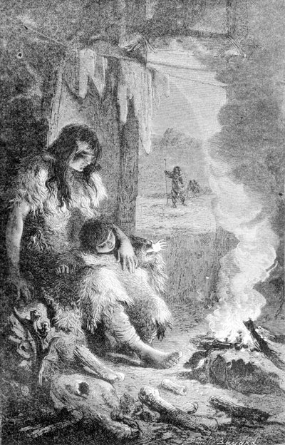 Interior de una cabaña prehistórica. Grabado del siglo XIX. de Unknown artist