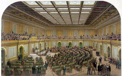 Vista interior de la Cámara de Representantes del Capitolio de EE.UU. mostrando el Congreso en sesión y los espectadores en la galería - Grabado de 1866 de Unknown artist