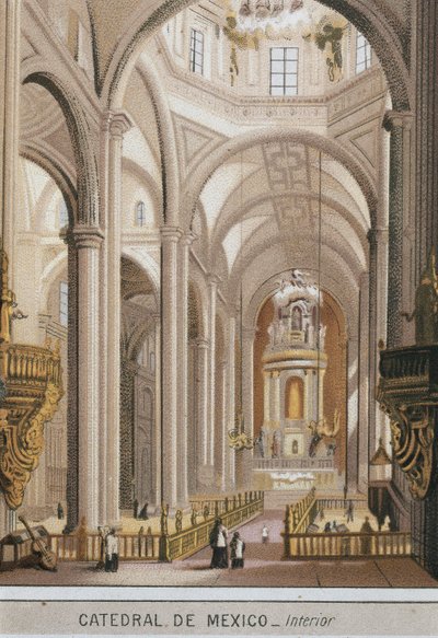 Vista interior de la catedral de Guadalajara en la Ciudad de México, México. Cromolitografía circa 1880 de Unknown artist