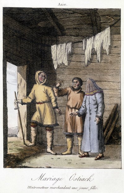 Intermediario regateando una joven para una boda Ostiak (Khanty o Khante) (tribu de cazadores paleosiberianos establecida en el área forestal del valle medio del Ob) de Unknown artist