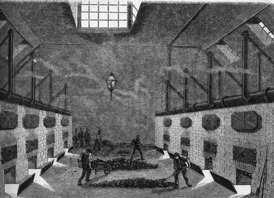 Vista interna de una fábrica de gas. Grabado de 1860-1861 de Unknown artist