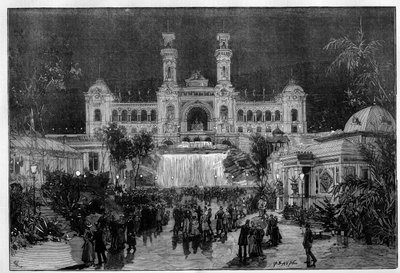 Exposición Internacional de Niza: el palacio de la exposición iluminado con luz eléctrica. Grabado en "Le Monde Illustré" de Unknown artist