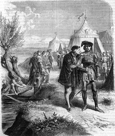 Entrevista entre el Rey Luis XI y el Conde de Charolais (Carlos el Temerario, Duque de Borgoña (1433-1477) en septiembre de 1465. Grabado del siglo XIX. de Unknown artist