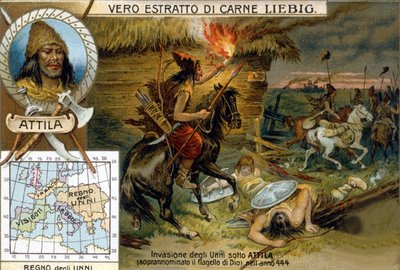 Invasión de los Hunos bajo Atila, apodado el azote de Dios, en 444 - viñeta publicitaria de Liébig de Unknown artist
