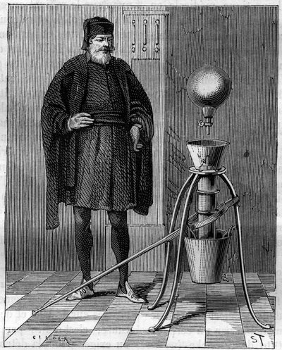 Invención: Máquina neumática de Otto de Guericke (1602-1686), inventor alemán. Grabado en "La Nature" de Unknown artist