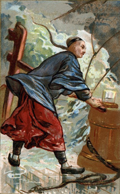 Invención de la brújula china: Navegante chino usando la brújula en su barco. El primer uso de la brújula como instrumento de navegación en barcos chinos data de finales del siglo X. Cromolitografía del siglo XIX de Unknown artist