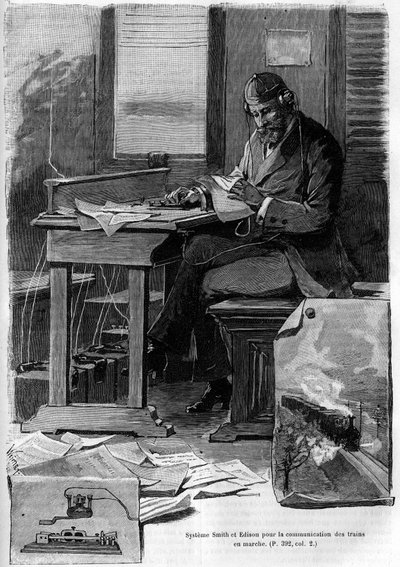 Invención del sistema de Smith y Edison para la comunicación de trenes en marcha. Grabado en el diario de "La juventud" de Unknown artist