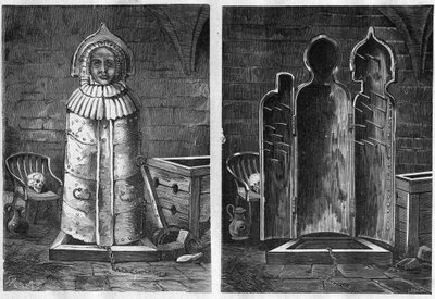 Doncella de hierro (dispositivo de tortura) - Virgen de hierro o virgen de Núremberg, instrumento de tortura en forma de sarcófago de hierro o madera - grabado de 1881 de Unknown artist
