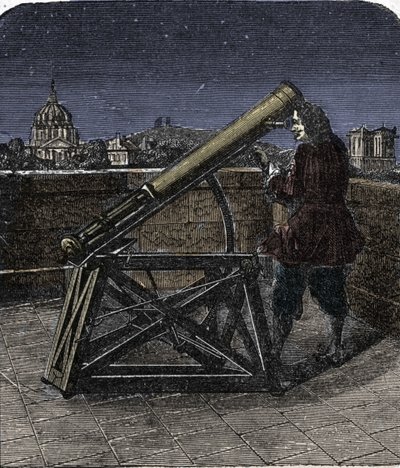 Isaac Newton (1642-1727) físico inglés usando su telescopio de Unknown artist