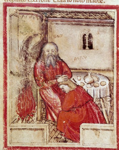 Isaac después de comer el cabrito traído por su hijo Jacob creyendo que es Esaú. Miniatura del códice 212 (o códice padovano o Biblia de Padua) 1390-1400 Rovigo, Accademia dei Concordi de Unknown artist
