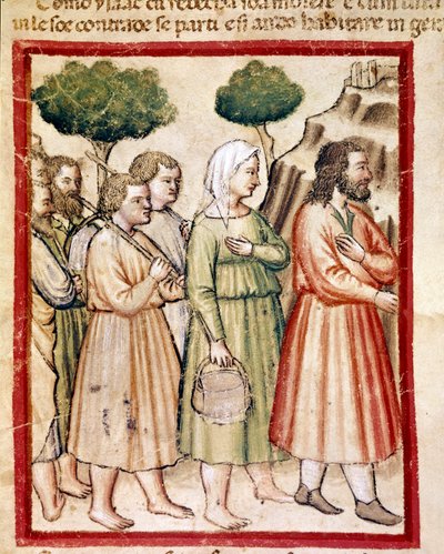 Isaac y su familia sufriendo de hambre emigran a las tierras del rey Abimelec Miniatura del códice 212 (o padovano o Biblia de Padua) 1390-1400 de Unknown artist