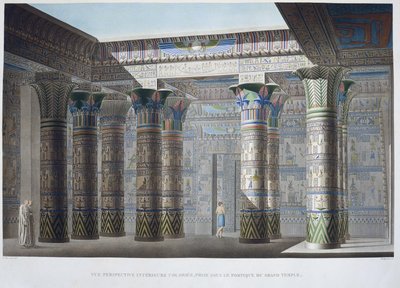 Isla de Philae: Vista interior colorida, tomada bajo el pórtico del Gran Templo - en "Descripción de Egipto", Ediciones Imperiales de Unknown artist