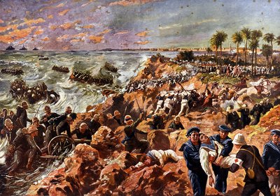 Guerra italo-turca (1911-1912): Desembarco de las tropas italianas y batalla de Bengasi (Libia) el 11 de octubre. de Unknown Artist